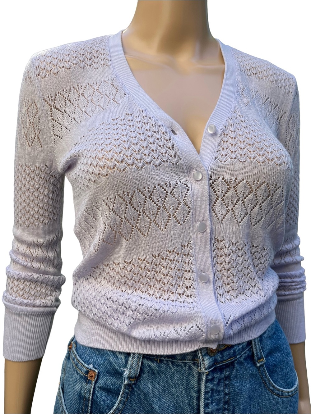 Vintage Lavender Pointelle Knit Cardigan XS